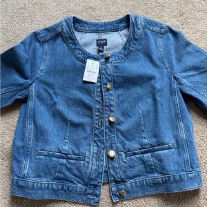 Jcrew collarless denim jacket with gold buttons